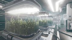 the interior of a futuristic space station with plants growing out of it's tanks