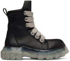 Ankle-high grained leather boots in black. · Lace-up closure · Pull-loop at heel collar · Transparent lugged rubber platform sole · Platform: 2.5 in Supplier color: Black/Clear Bozo Tractor Boots, Techwear Fashion, Fall Winter Shoes, Rick Owens Men, Shoes Boots Ankle, Moon Boots, Fashion Wishlist, Buckle Boots, Wearing Clothes