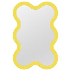 a yellow and white mirror with an oval frame in the middle, on a white background