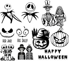 halloween stickers with different designs and characters in black and white, including jack - o'- lanterns