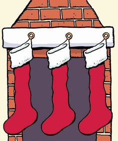 christmas stockings hanging from a brick fireplace