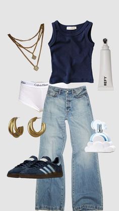 a woman's outfit including jeans, shoes and accessories is shown in this image