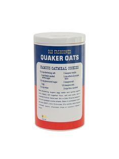 a canister of quaker oats on a white background