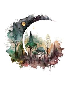 the moon and trees are painted in watercolor