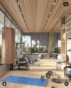 there are many exercise equipment in the room and one is on the floor with blue mats