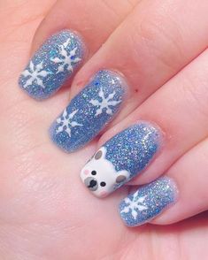 Cute Nail Art Christmas, Simply Nailogical Nail Art, Winter Polar Bear Nails, Winter Animal Nail Art, Short Blue Snowflake Nails, Winter Nails Polar Bear, Blue Nails Ideas Winter, Polar Bear Christmas Nails, Polar Bear Nail Designs