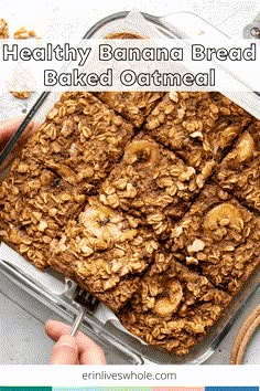 healthy banana bread baked oatmeal in a glass dish with text overlay