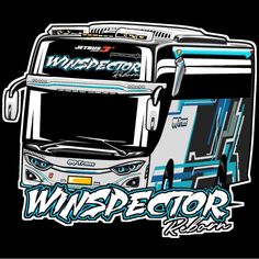 a white bus with blue stripes and the words wispector next to it