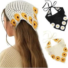 a woman with long hair wearing two sunflowers on her head and three bandanas