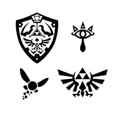 the legend of zelda emblems are shown in black and white, with different colors