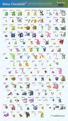 an image of pokemon characters and their names on a sheet with the words, shiny checklist