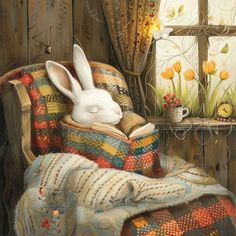 a painting of a white rabbit sitting on top of a chair next to a window