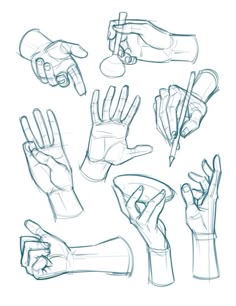 several hands are shown with different angles and shapes to show how to draw the hand