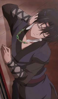 an anime character with long black hair and green eyes, standing in front of a wall