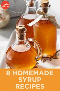 two bottles of syrup on a white plate with the title 8 homemade syrup recipes for fall