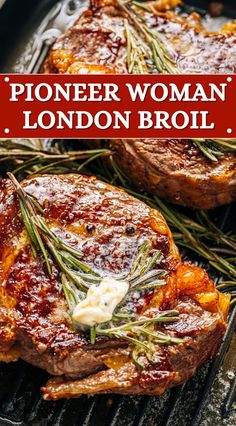 two steaks cooking on top of a grill with sauce and rosemary sprigs