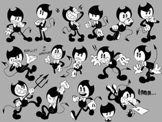 various cartoon character poses and expressions for the animated film mickey mouse, with black and white graphics