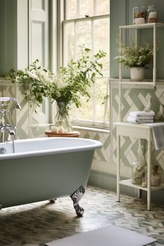 a bath tub sitting next to a window filled with green plants and potted plants