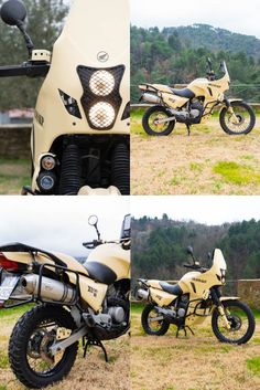 three different views of a motorcycle parked in the grass