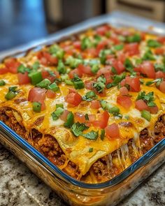 a casserole dish with cheese, tomatoes and green onions on the top is ready to be eaten