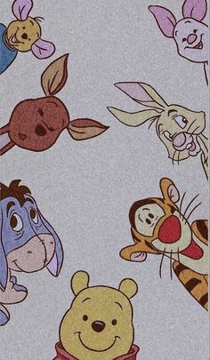 winnie the pooh and friends wallpaper with various cartoon characters on it's surface