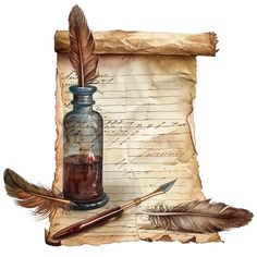 an old paper with some writing on it next to a feather pen and inkwell