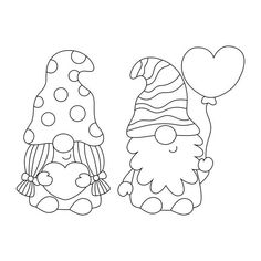 two gnomes with hearts on their heads, one is holding a balloon and the other has