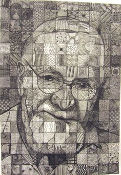 a black and white drawing of a man's face with many squares on it