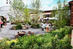 people are sitting at tables in the middle of a garden with lots of plants and trees