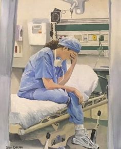 a painting of a woman in scrubs sitting on a hospital bed with her hand to her face