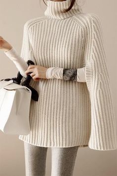 Details: Material: Acrylic Style: Casual, Street Pattern Type: Solid Element: Split Joint Neckline: Turtleneck Sleeve Length: Three Quarter Fit Type: Loose Clothing Length: Long Closed Type: Pullover Type: Solid Color Size(in) Length Bust S 26.4 22.4 M 26.8 23.2 L 27.2 24 XL 27.6 24.8 Tips: Due to the many variations in monitors, the color in the image could look slightly different, please take physical design and color shall prevail. Please allow 0.4"-1" differs due to manual measurement. Casual Cape, Poncho Pullover, Cape Sweater, Cape Style, Stylish Sweaters, Womens Turtleneck, Loose Outfit, Fashion Weeks, Knitted Poncho