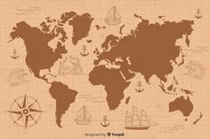 the world map with different types of boats and ships on it, drawn in brown paper