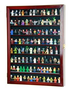 a display case filled with lego minifigures and lightsabes on shelves