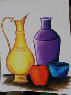 a drawing of three different colored vases on a white paper next to each other