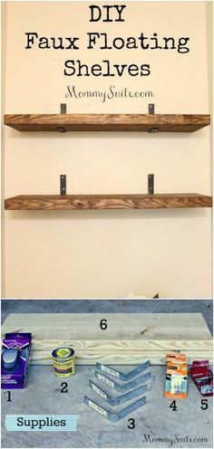 two wooden shelves with different types of paint on them and labeled diy faux floating shelves