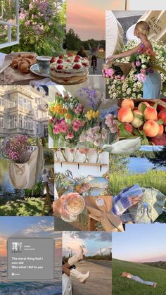 a collage of photos with flowers, fruit and people in the background at sunset