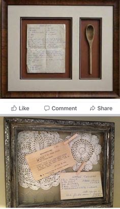 two pictures with different frames and papers on them, one has a spoon in it