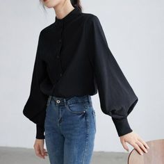 Big Lantern Sleeve Stand Collar Single Breasted Blouse Office Fashion For Women | eBay Big Lantern, Full Sleeve Blouse, Stand Collar Shirt, Lantern Sleeve Top, Mode Hippie, Black Blouse Women, Lantern Sleeved Blouses, Womens Clothing Patterns, Vintage Blouse