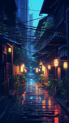 an alley way with lanterns lit up in the rain at night and buildings on either side