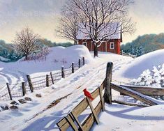 a painting of a red bird sitting on a fence in the snow