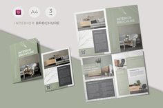 an interior brochure is shown in three different colors and sizes, including green