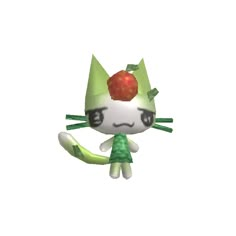 an animal crossing character wearing a green dress and red apple on her head, standing in front of a white background