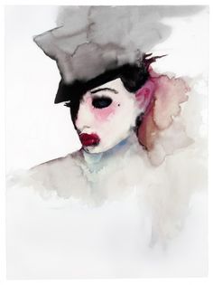 a watercolor painting of a woman's face with a hat on her head