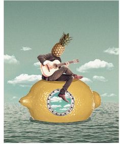 a man sitting on top of a teapot with a guitar