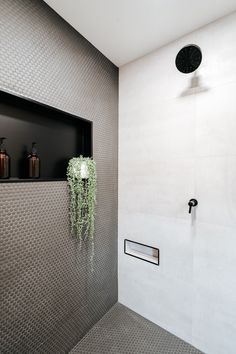 there is a shower in the bathroom with plants on the wall and soap dispensers