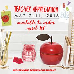 an advertisement for teacher appreciation is displayed on a table with pencils, scissors and apples