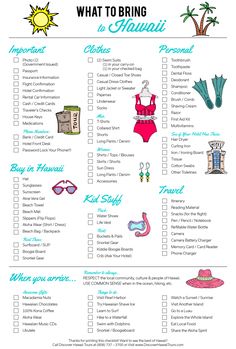 a travel checklist with the words what to bring in hawaii and other things on it