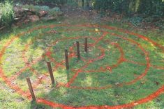 a circular design made out of sticks in the grass