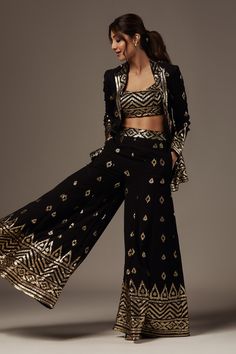 Buy Black Cotton Silk Embroidery Thread Blazer Shawl Collar Marrakesh Sharara Set For Women by Gopi Vaid Online at Aza Fashions. Anarkali Embroidered Pant Set With Traditional Drape, Diwali Straight Palazzo Set With Dabka Work, Bollywood Style Sets With Resham Embroidery On Straight Pants, Festive Embroidered Traditional Wear With Straight Pants, Festive Traditional Embroidered Straight Pants, Festive Embroidered Traditional Straight Pants, Festive Embroidered Straight Pants, Traditional Straight Pants Sharara For Festive Occasions, Embroidered Straight Palazzo Set For Festive Occasions