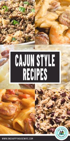 several different types of pasta with the words cajun style recipes on top and bottom